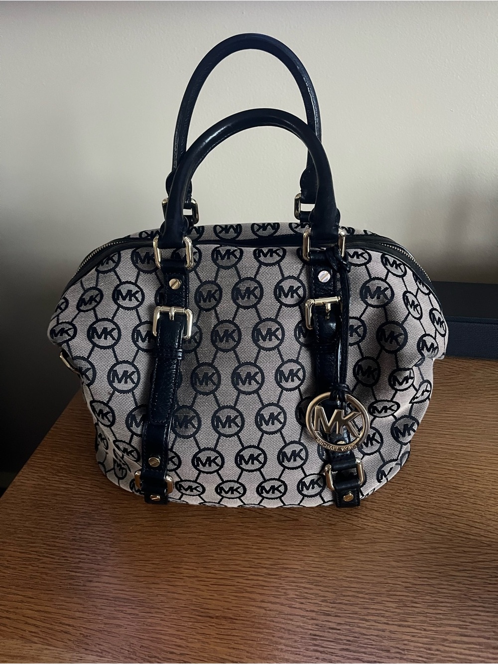 Michael Kors Black and Beige Signature Canvas Satchel